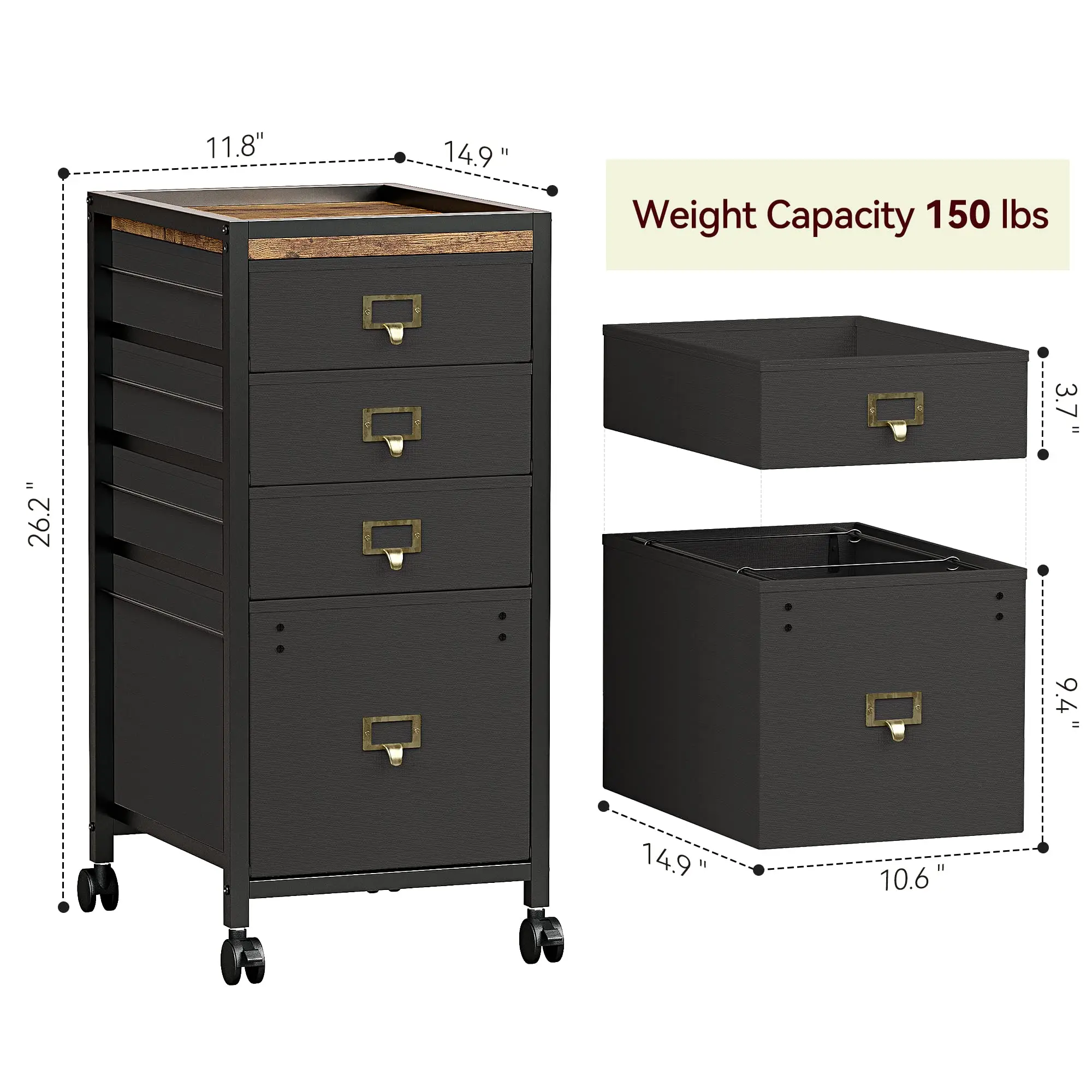 File Cabinet with 3 Drawer, Mobile Filing Cabinet for Home Office Fits Letter Size or A4, Fabric Vertical File Cabinet on Wheels