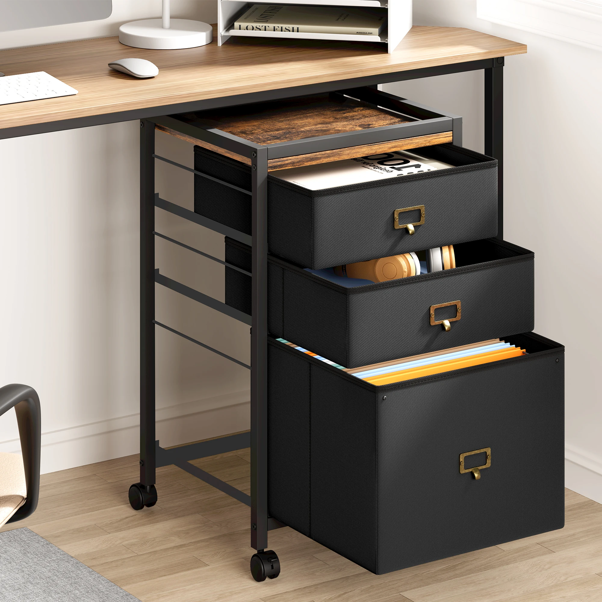 File Cabinet with 3 Drawer, Mobile Filing Cabinet for Home Office Fits Letter Size or A4, Fabric Vertical File Cabinet on Wheels