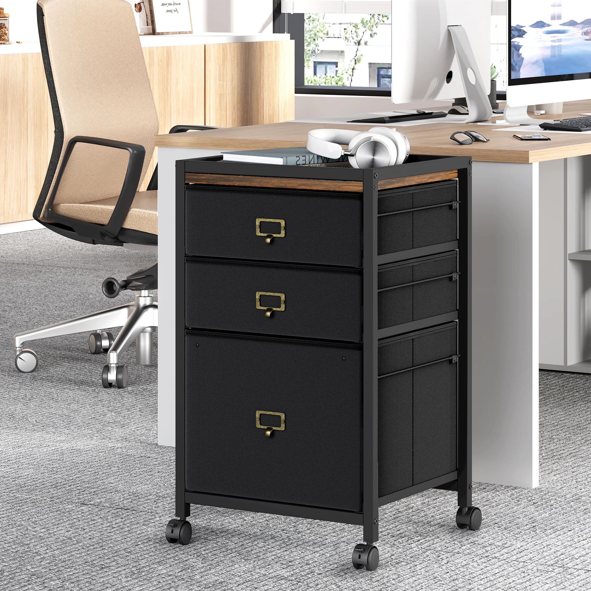 File Cabinet with 3 Drawer, Mobile Filing Cabinet for Home Office Fits Letter Size or A4, Fabric Vertical File Cabinet on Wheels