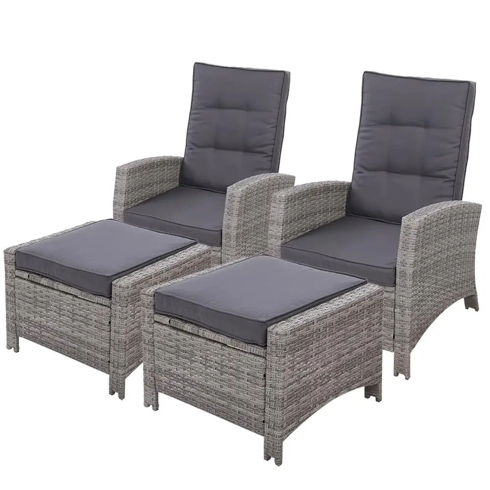 2 Piece Recliner Chairs Sun Lounger Wicker Outdoor Furniture Adjustable Grey Set