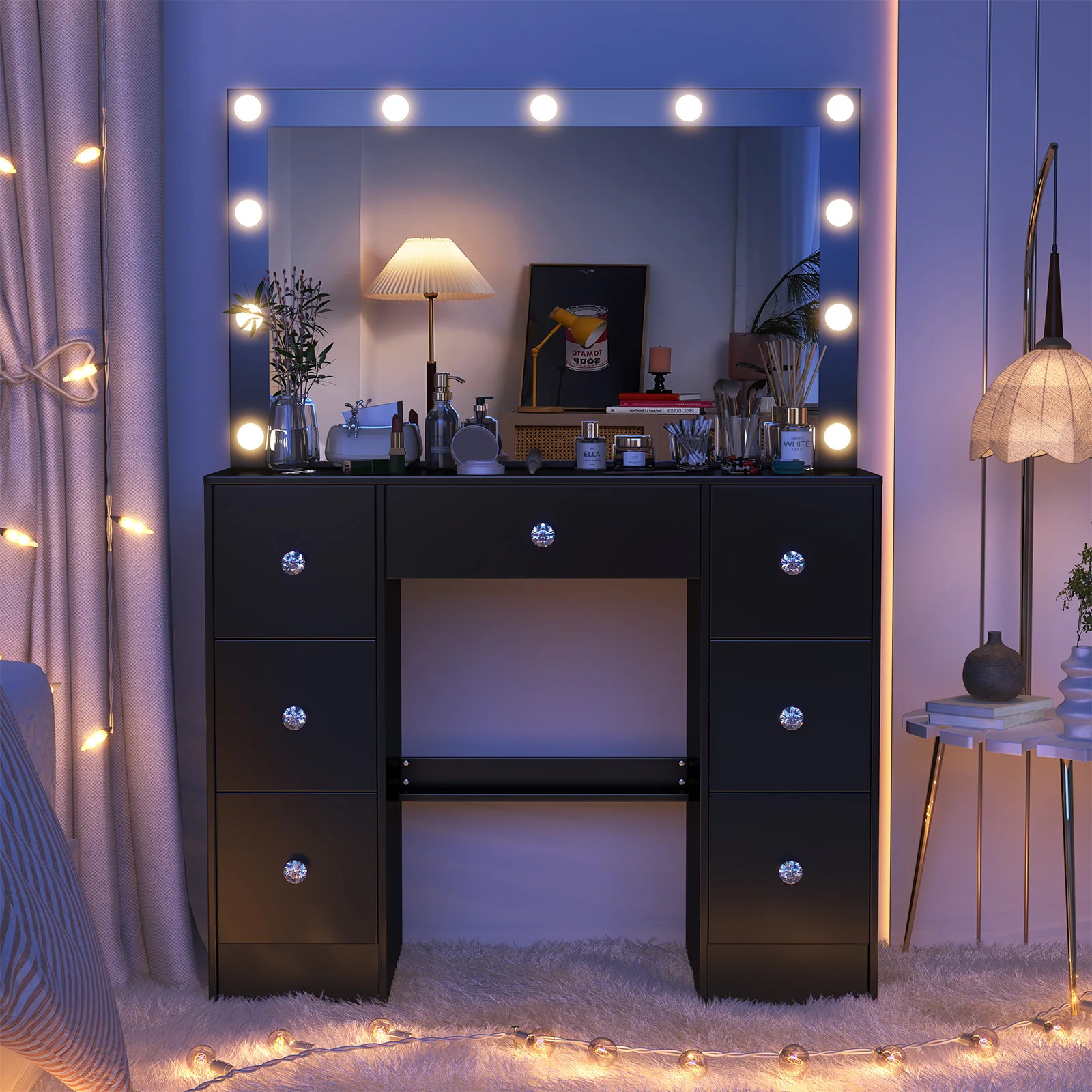 Teousev White Vanity Desk Set with 11 LED Lighted Mirror, 7 Sliding Drawers, 3 Color Dimmable, Easy Assembly for Women Bedroom