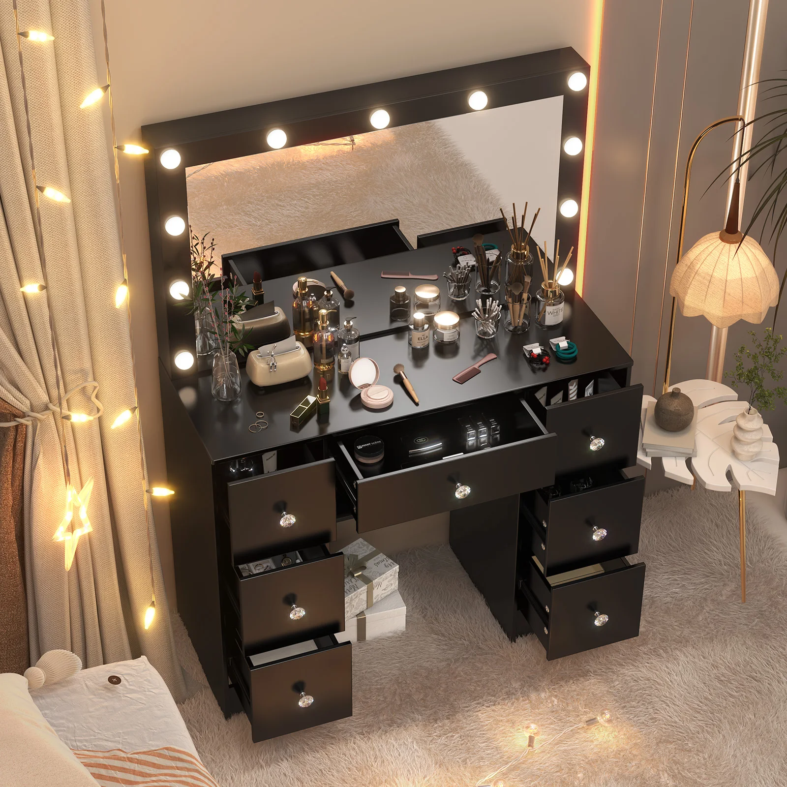 Teousev White Vanity Desk Set with 11 LED Lighted Mirror, 7 Sliding Drawers, 3 Color Dimmable, Easy Assembly for Women Bedroom