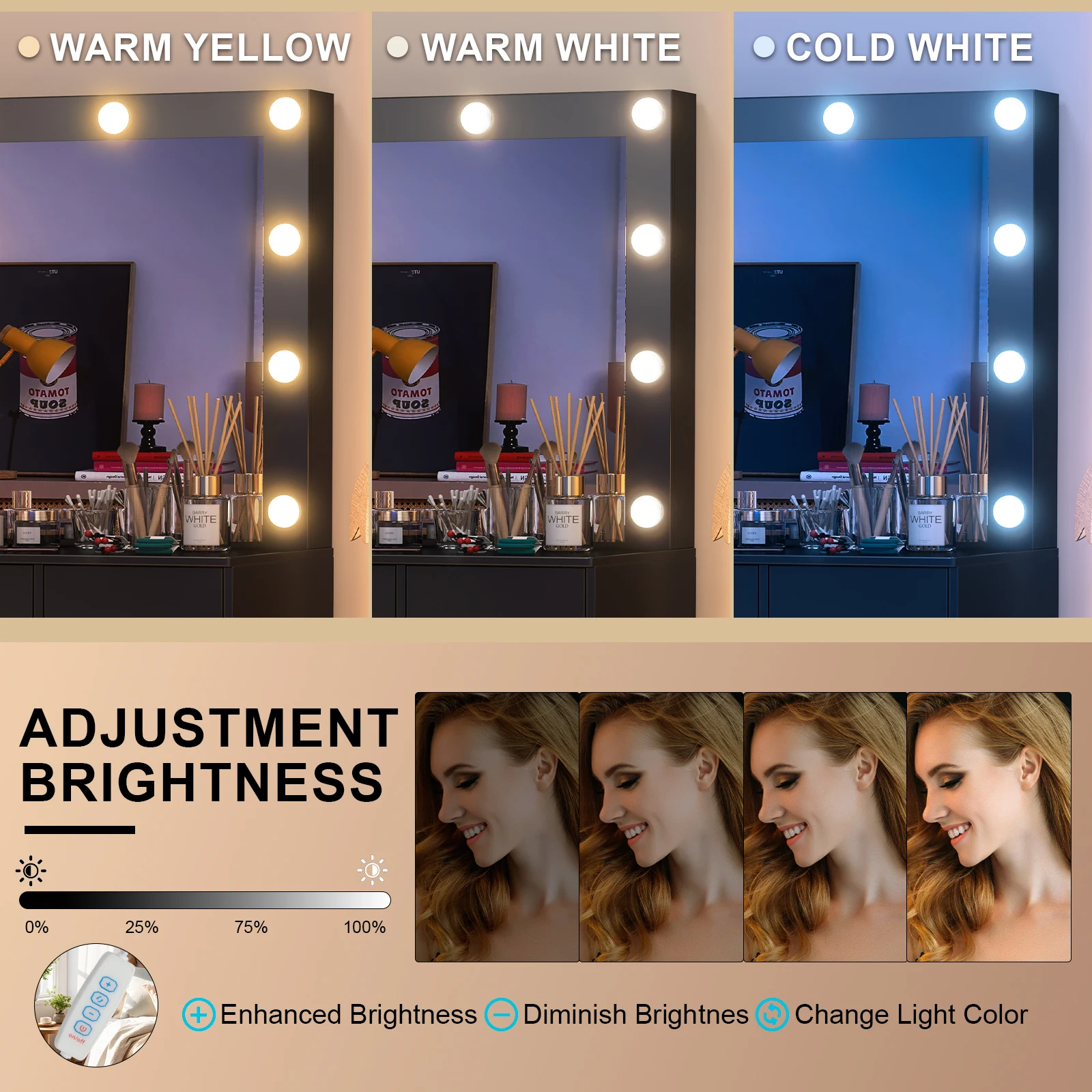 Teousev White Vanity Desk Set with 11 LED Lighted Mirror, 7 Sliding Drawers, 3 Color Dimmable, Easy Assembly for Women Bedroom