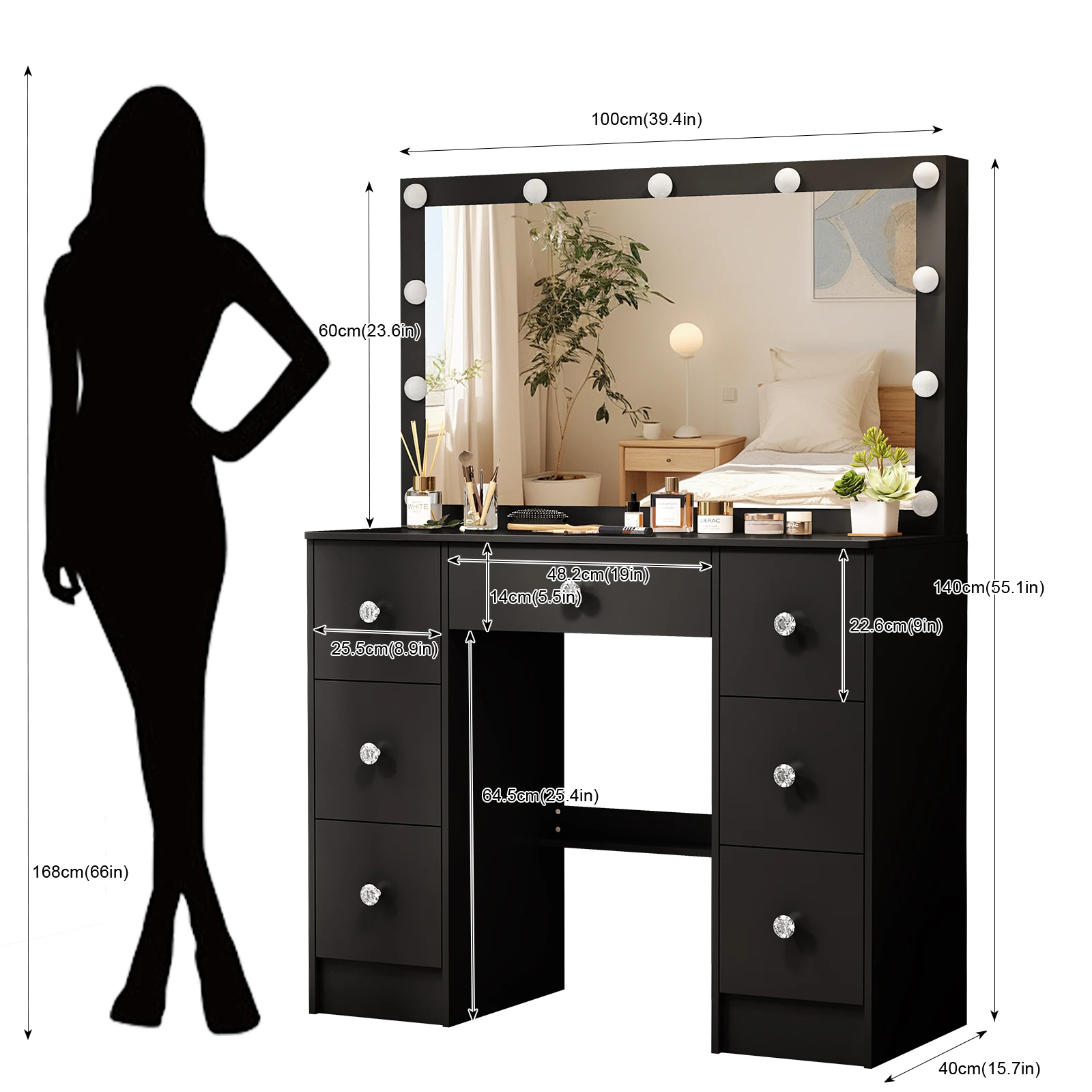 Teousev White Vanity Desk Set with 11 LED Lighted Mirror, 7 Sliding Drawers, 3 Color Dimmable, Easy Assembly for Women Bedroom