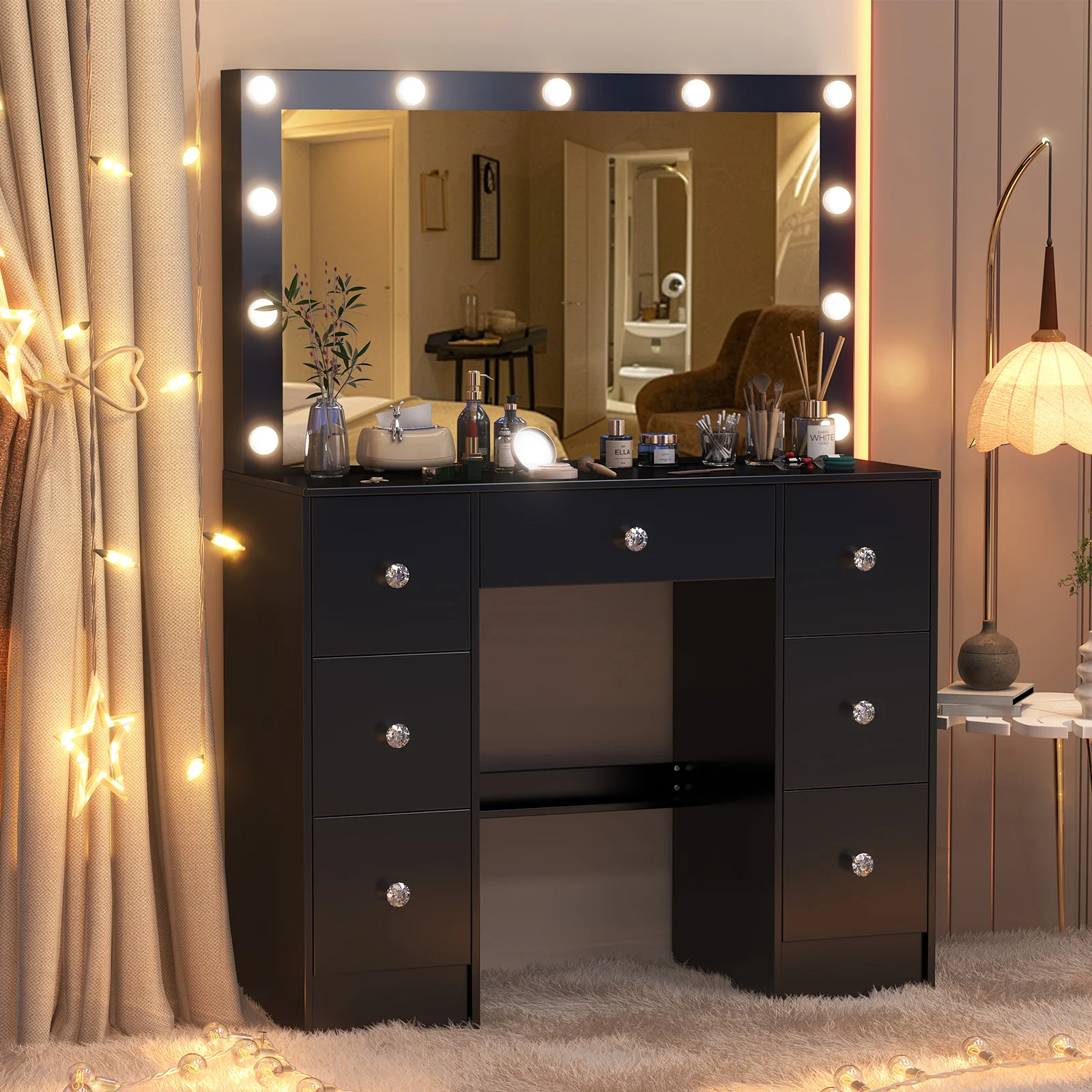 Teousev White Vanity Desk Set with 11 LED Lighted Mirror, 7 Sliding Drawers, 3 Color Dimmable, Easy Assembly for Women Bedroom