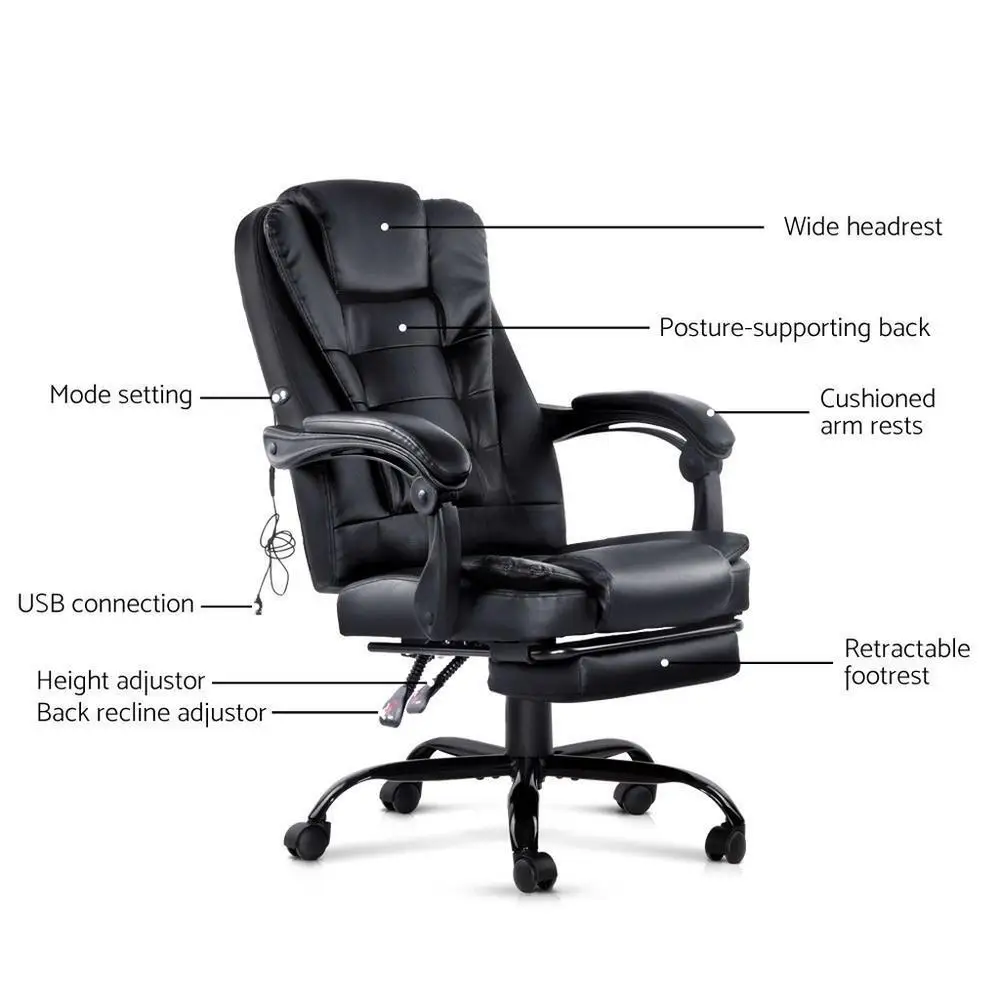 Ergonomic PU Leather Office Chair with Footrest Black Reclining Massage Chair