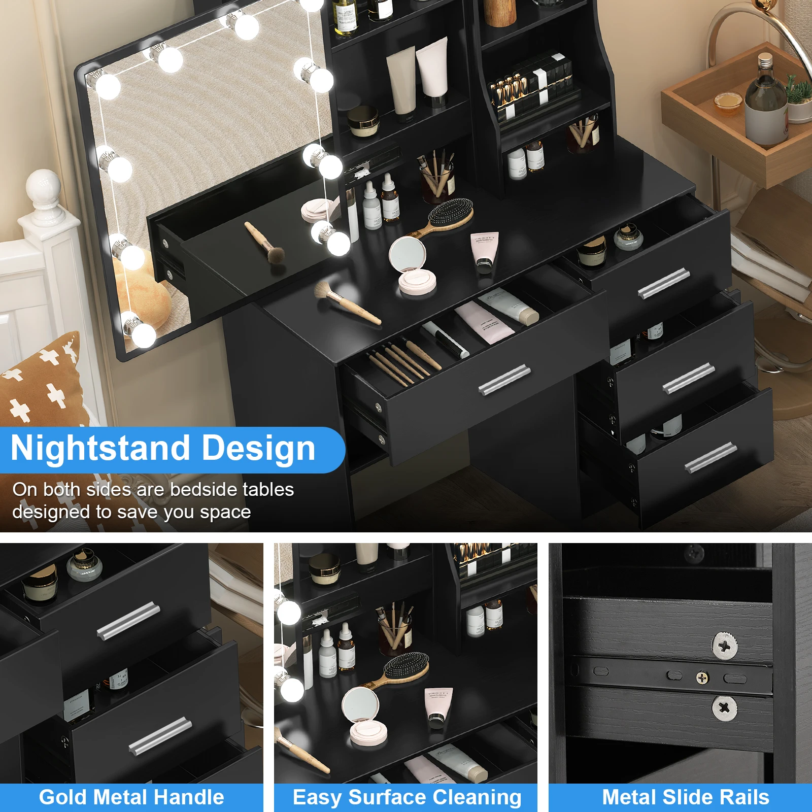 Black Vanity Table With Sliding Mirror &3 Models LED Lights Makeup Dressing Desk