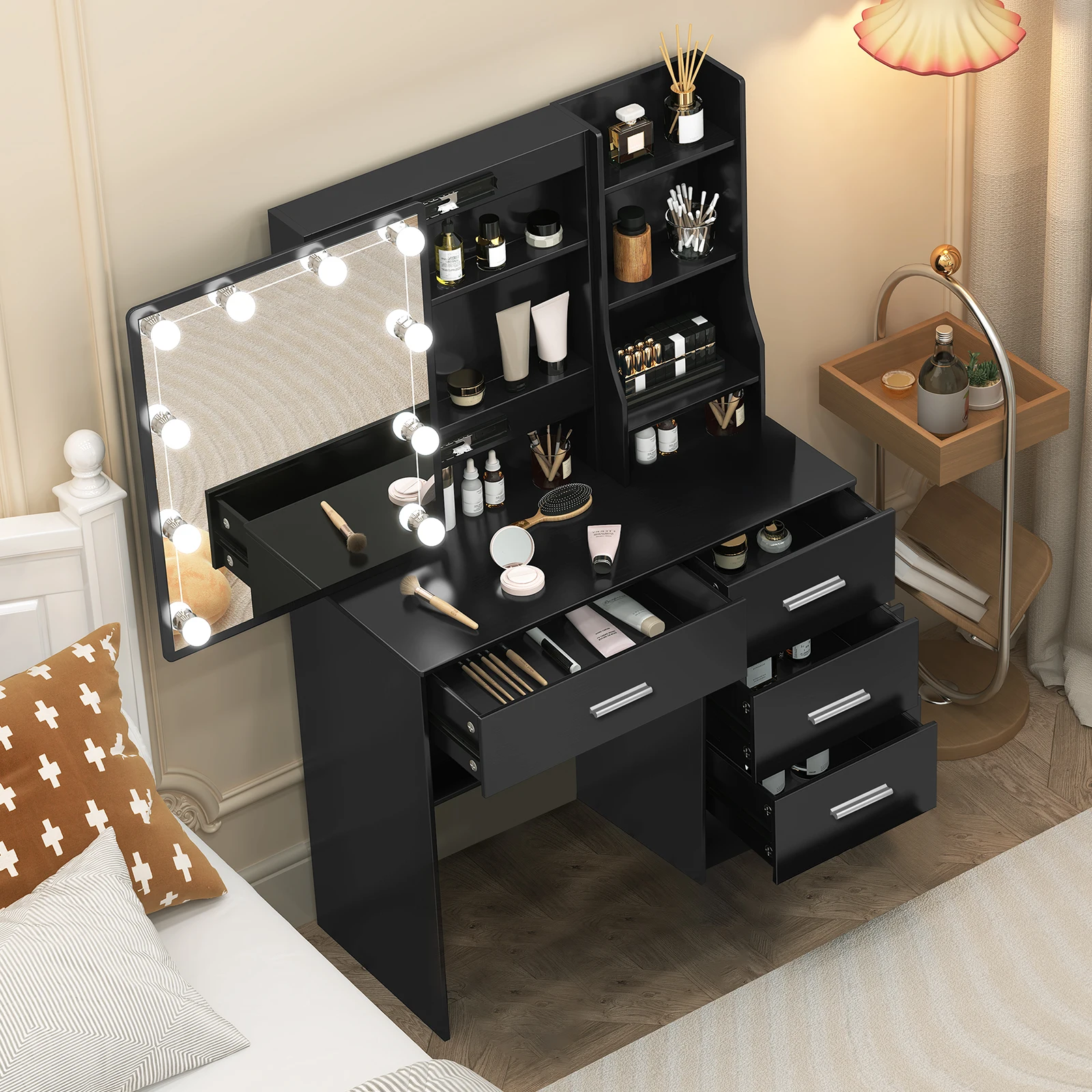 Black Vanity Table With Sliding Mirror &3 Models LED Lights Makeup Dressing Desk