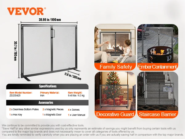 VEVOR Fireplace Screen 1/3 Panel Sturdy Iron Mesh Fireplace Screen Spark Guard Cover For Living Room Home Decor Modern/Vintage
