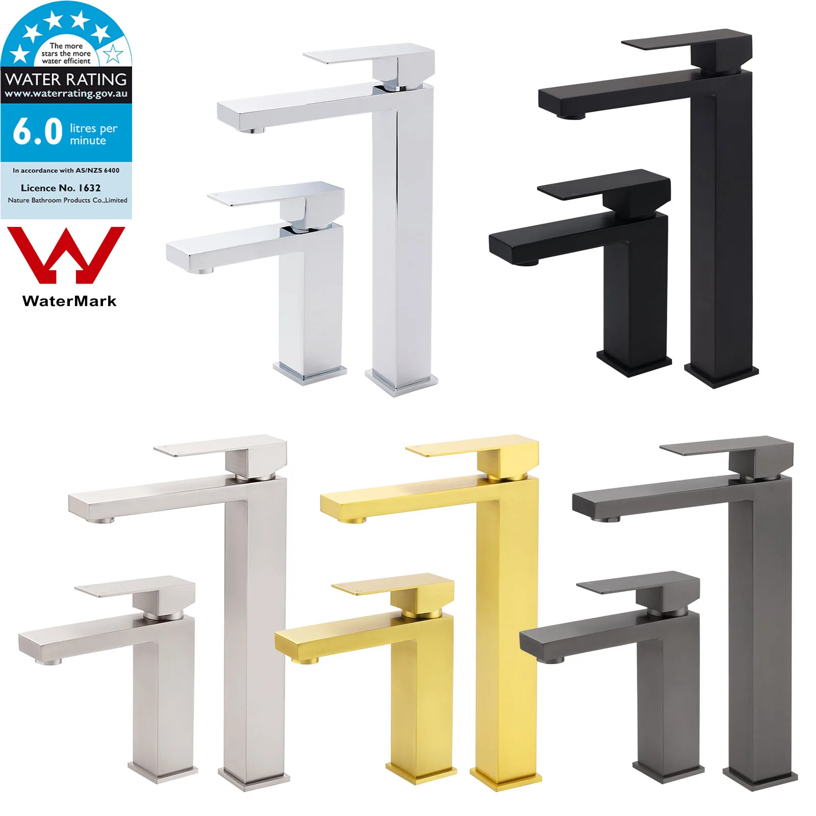 **Sydney Stock** KYLINS Tall / Short Basin Mixer Brushed Nickel Gold Black Chrome Gun Metal Square Vanity Faucet WELS WaterMark