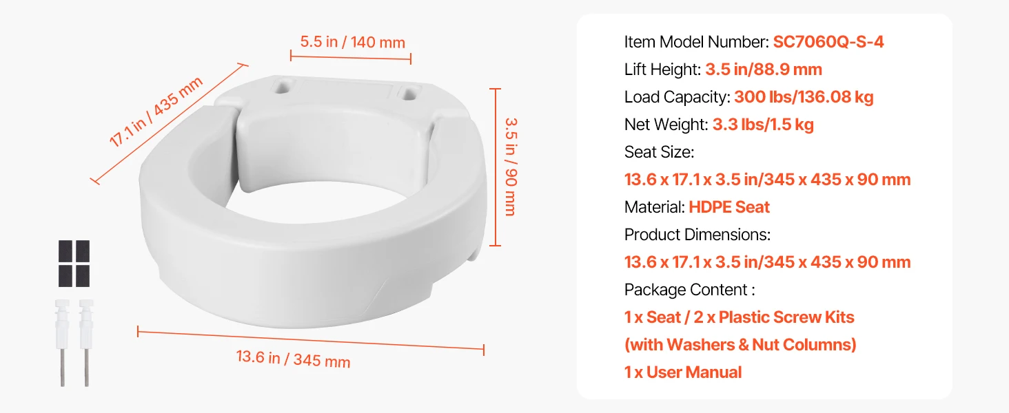 SucceBuy Raised Toilet Seat 300 lbs Load Capacity 3.5-Inch Lift Height Commode Elevated Toilet Seat Riser for Seniors Elderly
