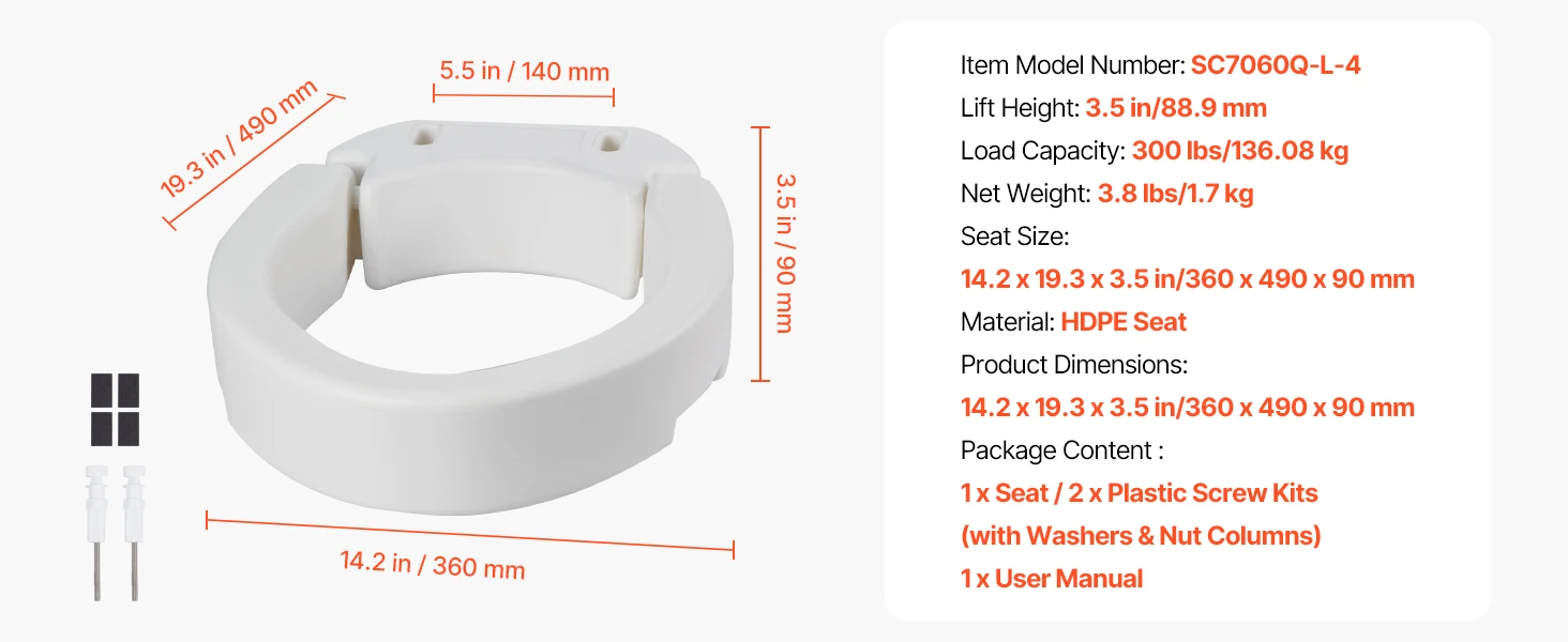 SucceBuy Raised Toilet Seat 300 lbs Load Capacity 3.5-Inch Lift Height Commode Elevated Toilet Seat Riser for Seniors Elderly