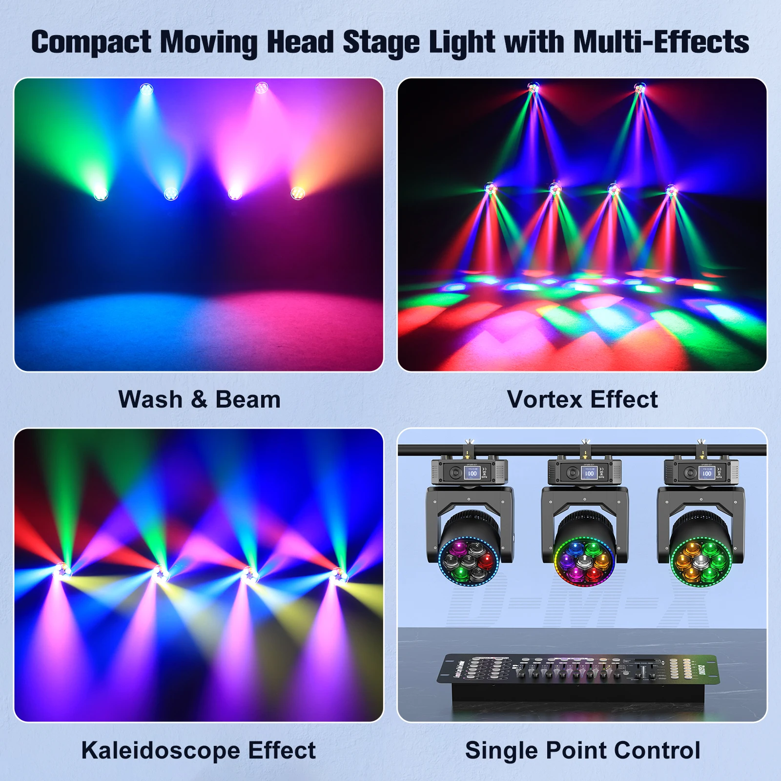 Datewink 300W Beam Moving Head Lights With Light Strip RGBW LED Focusing Bee's Eye Stage Lighting DMX For DJ Disco Wedding Party