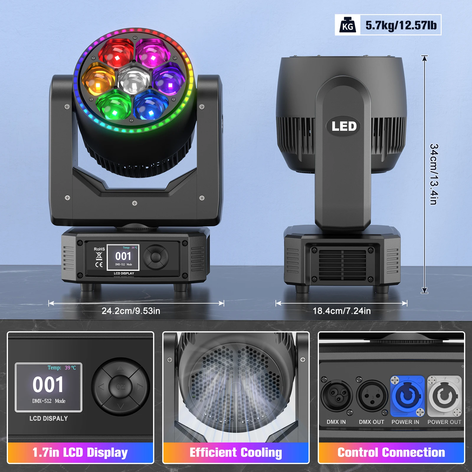 Datewink 300W Beam Moving Head Lights With Light Strip RGBW LED Focusing Bee's Eye Stage Lighting DMX For DJ Disco Wedding Party