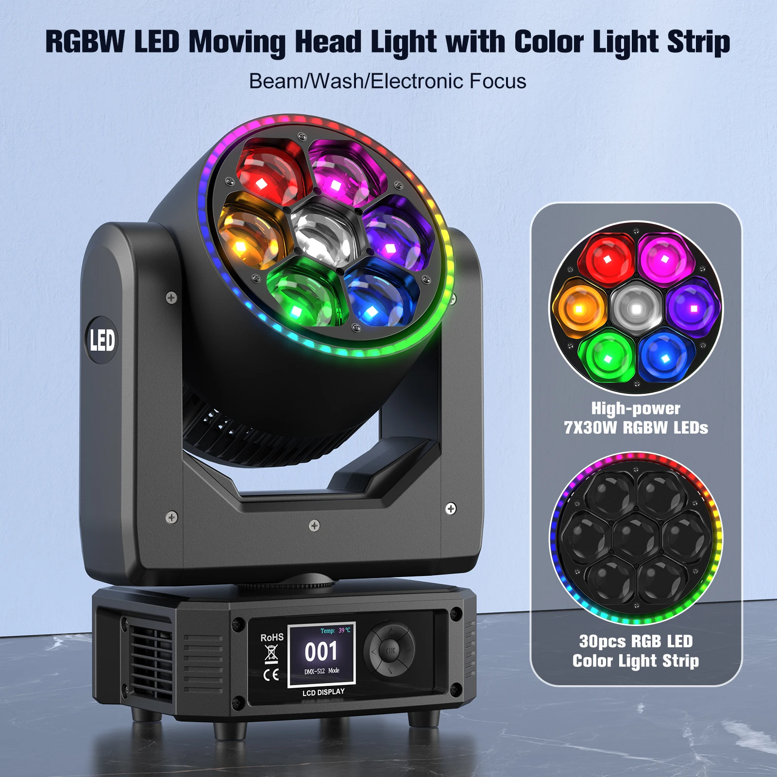 Datewink 300W Beam Moving Head Lights With Light Strip RGBW LED Focusing Bee's Eye Stage Lighting DMX For DJ Disco Wedding Party