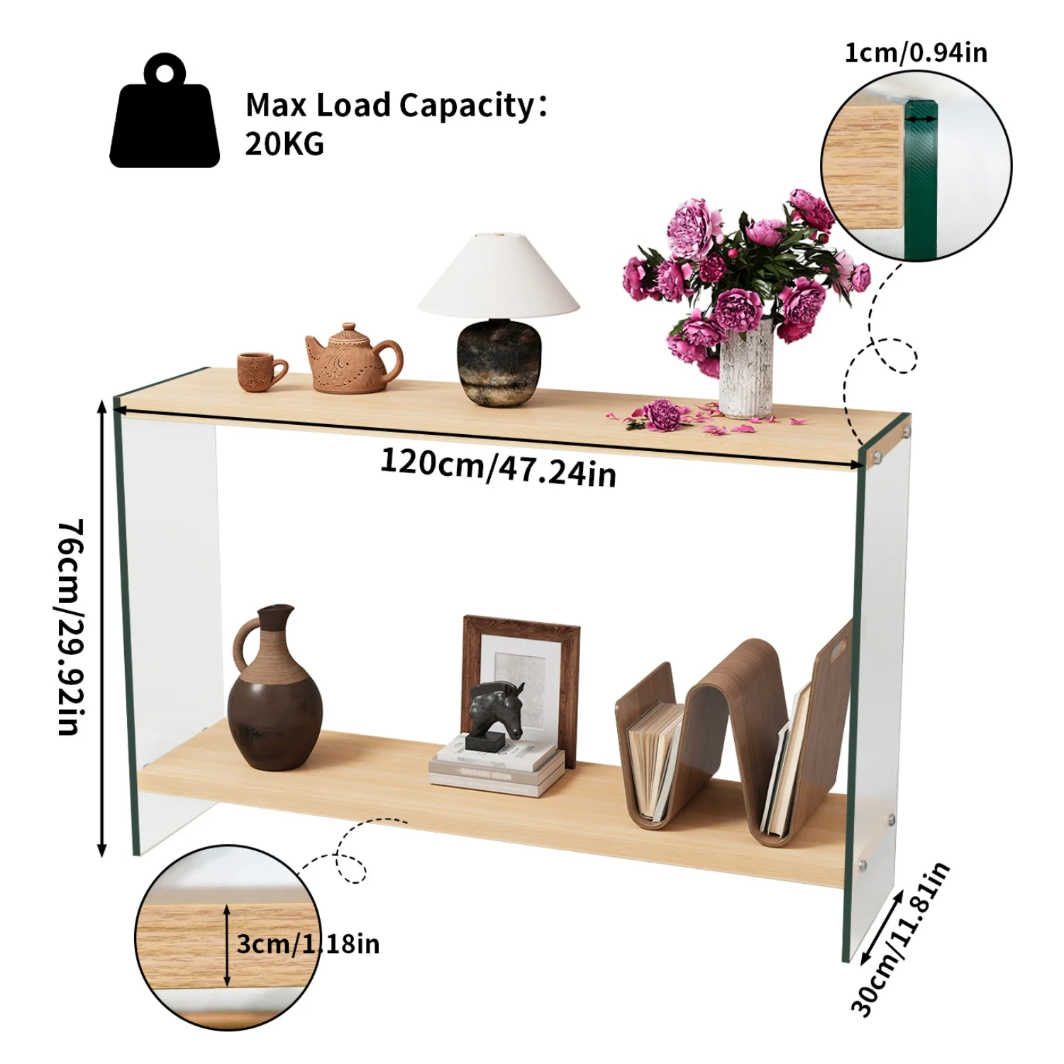 Rectangular Console Table Wood-tone MDF Entryway Table Tempered Glass Legs Sofa Side Storage Table for Bedroom Living Room