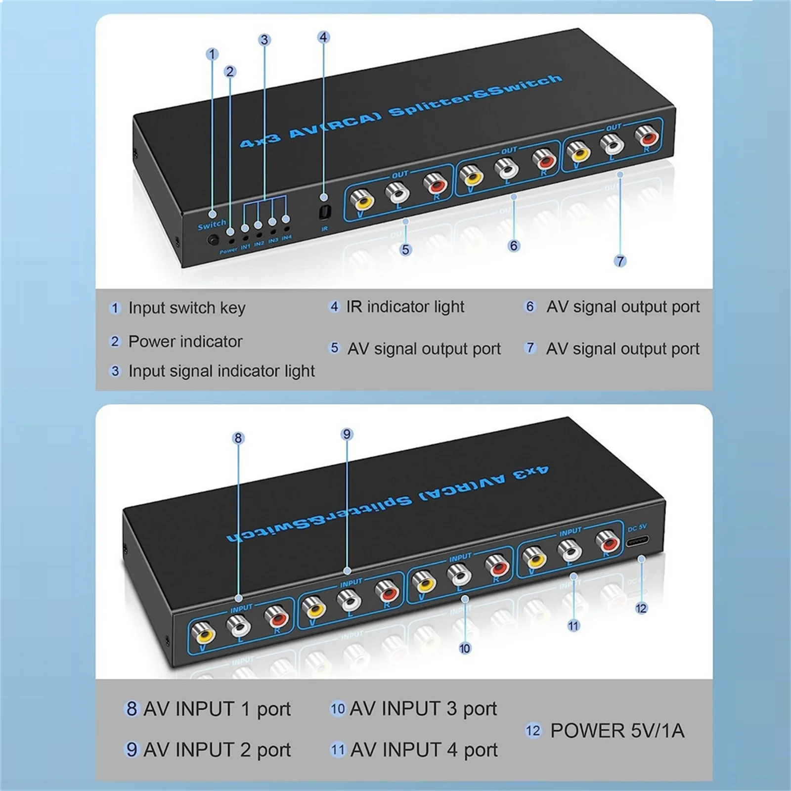 4 Way RCA Switch 4 In 3 Out AV Switch RCA Switcher Box Video L/R Stereo Audio AV Selector Box 4X3 Composite Switcher For DVD