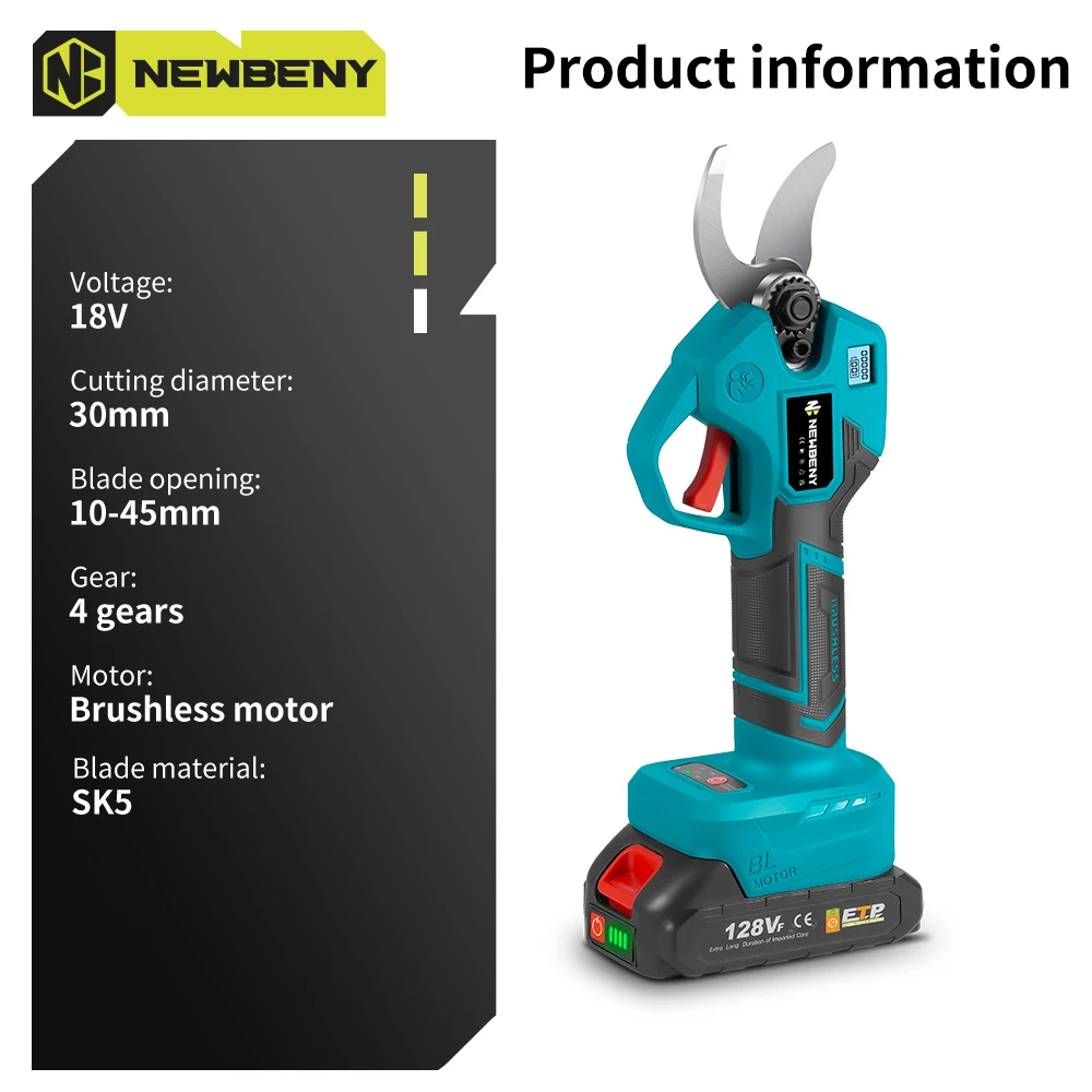 NEWBENY 30MM Brushless Electric Pruner Scissors Cordless Cutting Pruning Fruit Tree Branch Shear Tools For Makita Battery Pin
