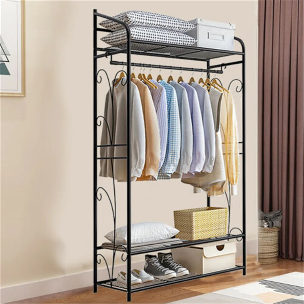 Bingopaw Black Metal Clothes Rack Stand Heavy Duty Garment Rail with 2 Storage Shelves for Shoes & Closet Organization