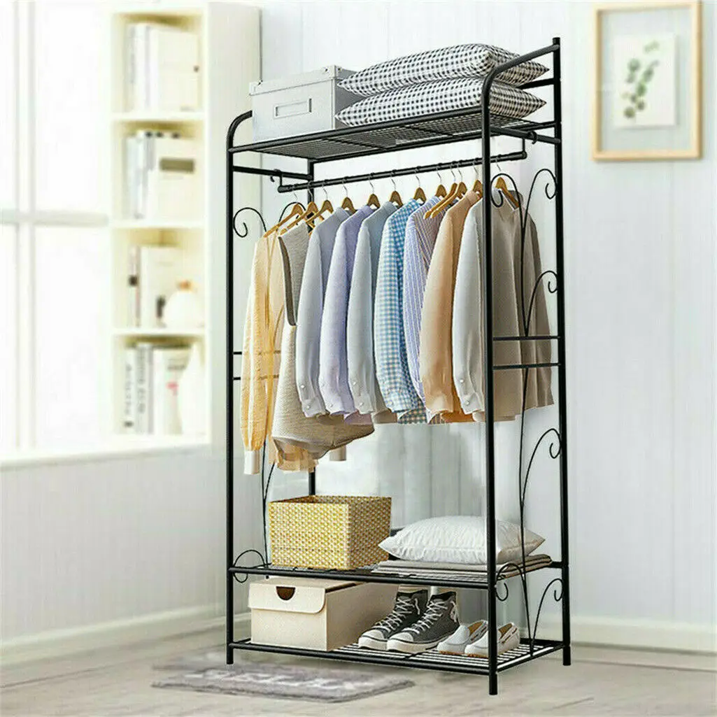 Bingopaw Black Metal Clothes Rack Stand Heavy Duty Garment Rail with 2 Storage Shelves for Shoes & Closet Organization