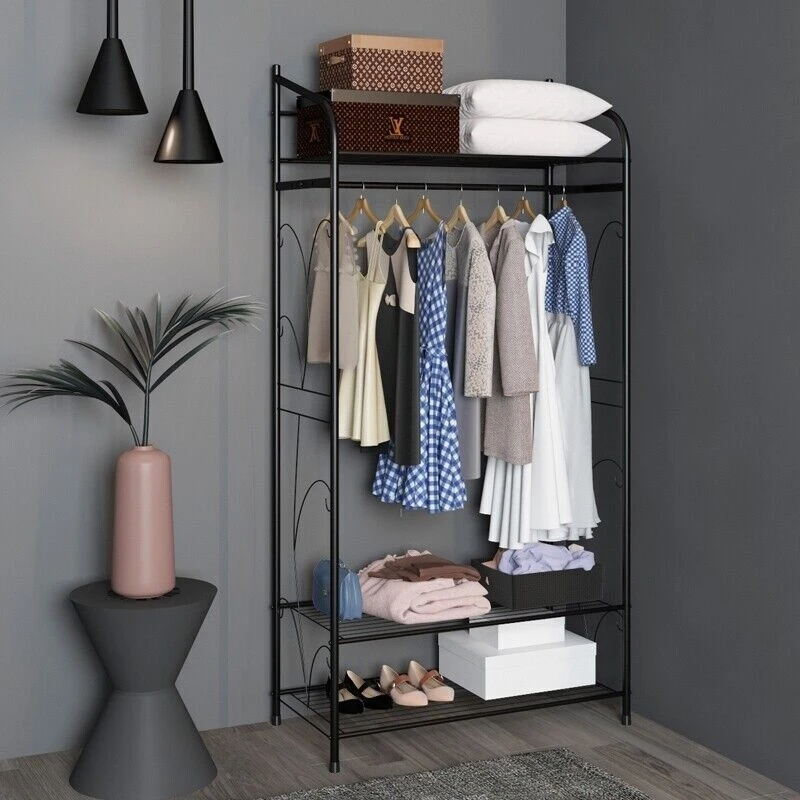 Bingopaw Black Metal Clothes Rack Stand Heavy Duty Garment Rail with 2 Storage Shelves for Shoes & Closet Organization