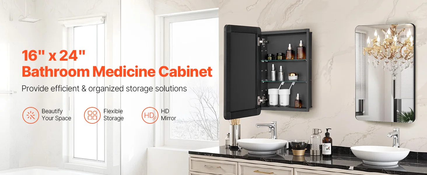 SucceBuy Medicine Cabinet, Bathroom Locker w/ Mirror Aluminum Frame Bathroom Wall Cabinet Recessed & Wall-mounted Installation