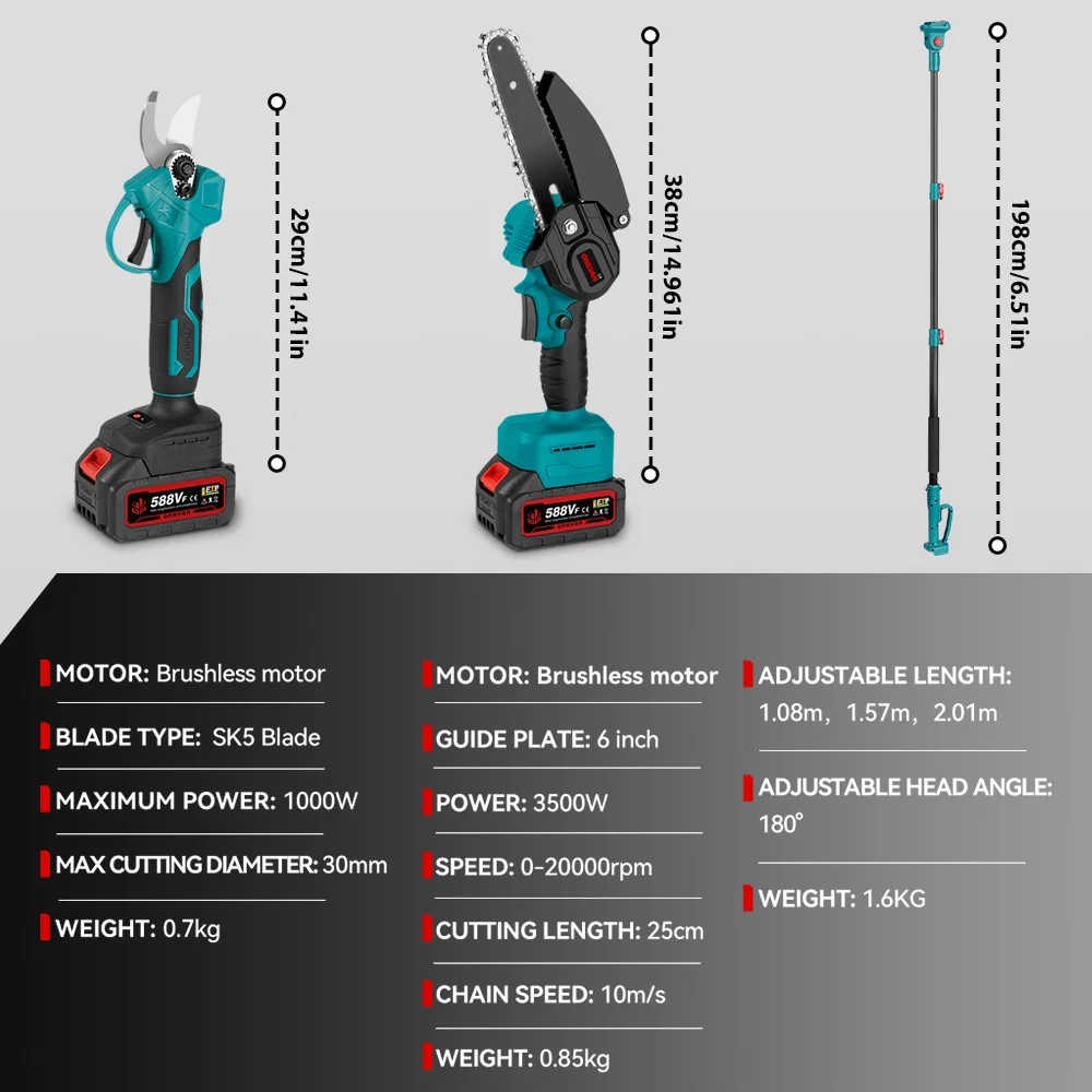 ONEVAN 3500W Brushless Telescoping Pole Electric Chainsaw 3-IN-1 High Branch Scissors Garden Pruning Tool For Makita Battery Pin