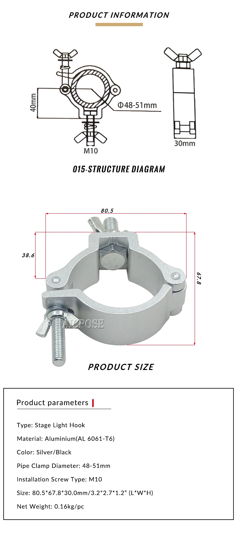 10pcs/lot Alumimun Alloy Stage Lights Clamp Hanger Hooks Bracket Heavy Duty Hook Theatre Lighting 48-51mm 100kg Stage Light Hook