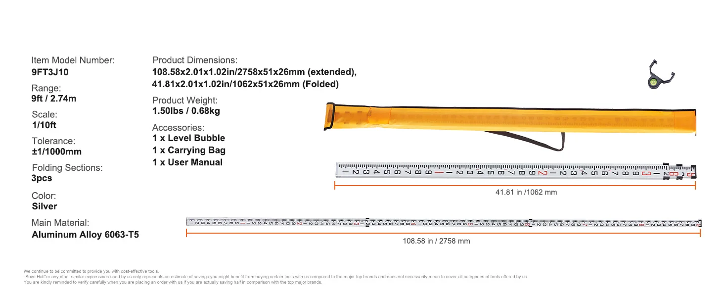 SucceBuy Aluminum Grade Rod 4 Sections Telescopic Measuring Rod Double-Sided Scale 1/10ft Leveling Rod Stick