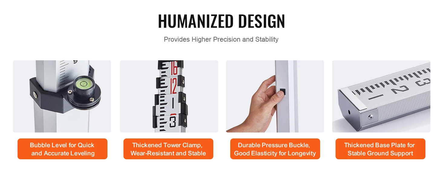 SucceBuy Aluminum Grade Rod 4 Sections Telescopic Measuring Rod Double-Sided Scale 1/10ft Leveling Rod Stick