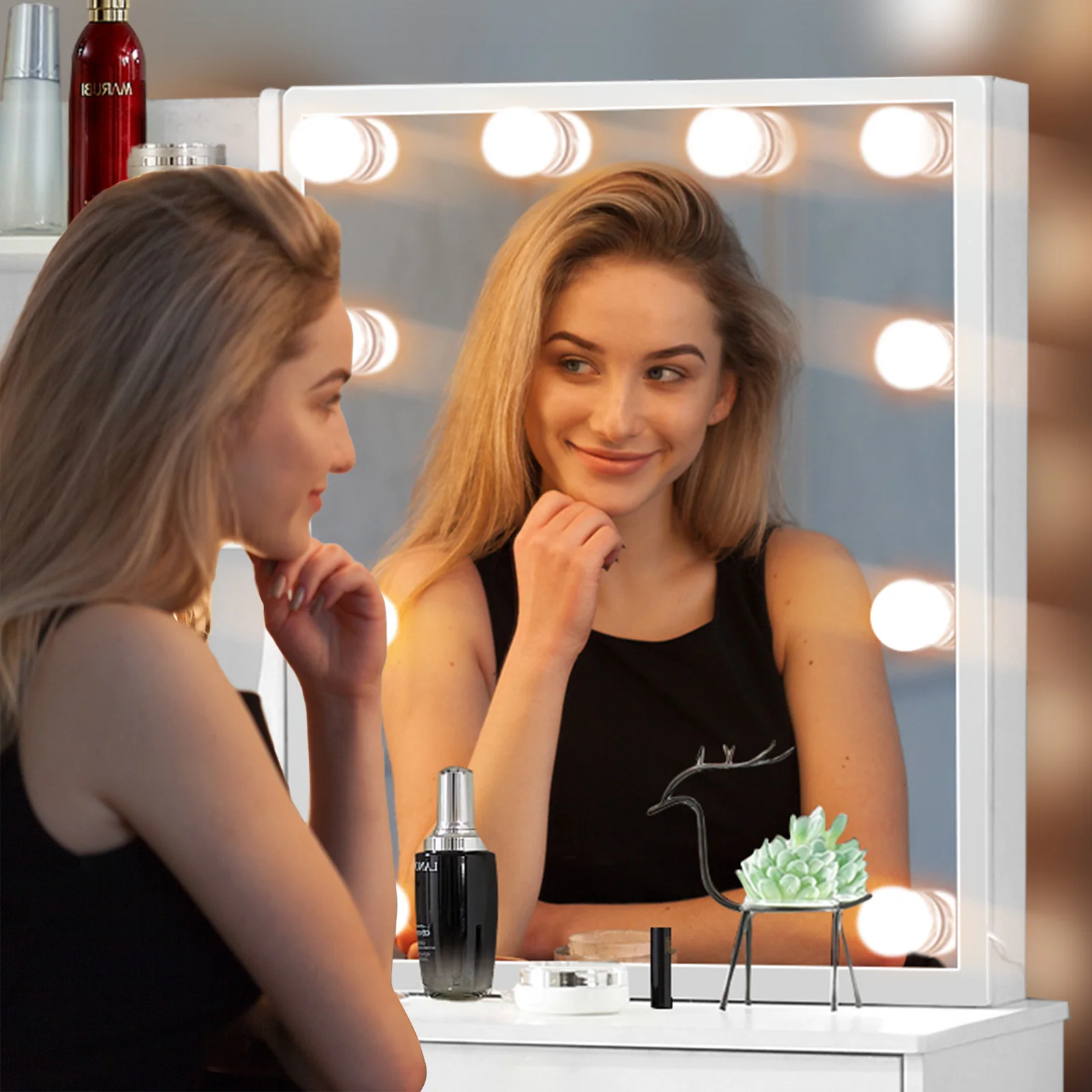 White LED Lighted Vanity Dressing Table Set DE with Mirror & Stool 3 Color Dimmable Touch Control Drawer Makeup Desk for Bedroom