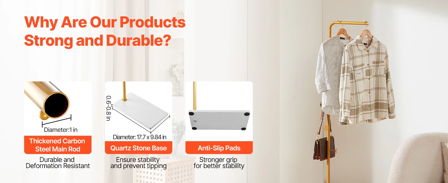 SucceBuy Coat Rack Freestanding Coats Rack Stand with Quartz Stone Base & 3 Round Hooks Free Standing Hall Coat Tree for Bedroom