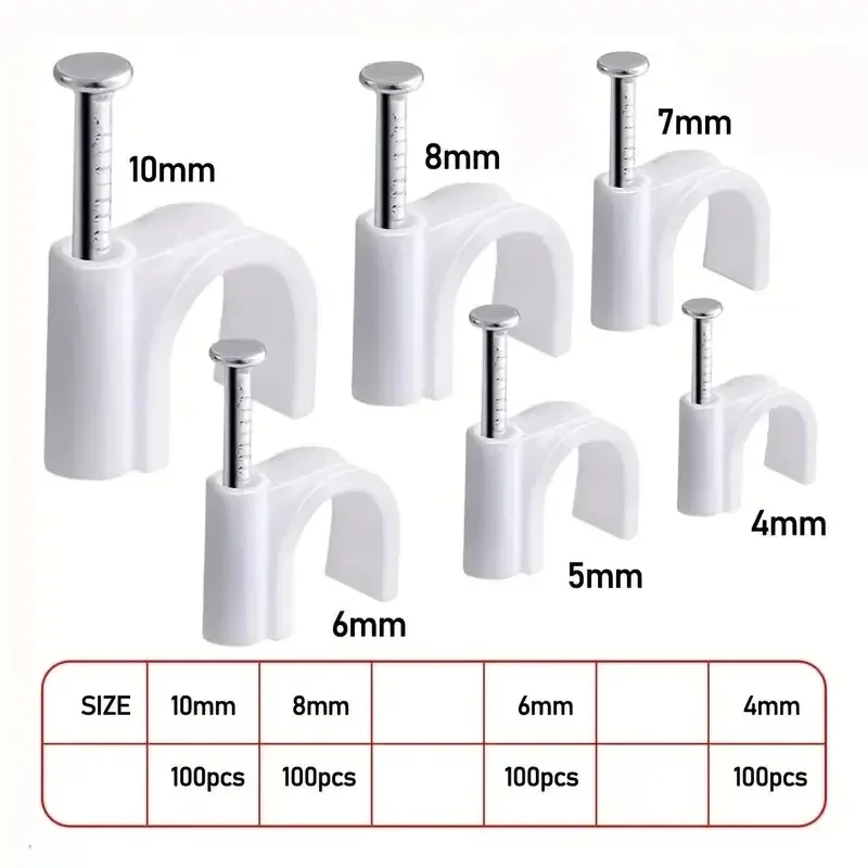 100Pcs Cable Clamp with Steel Nails Plastic Nylon Tie 6/10mm