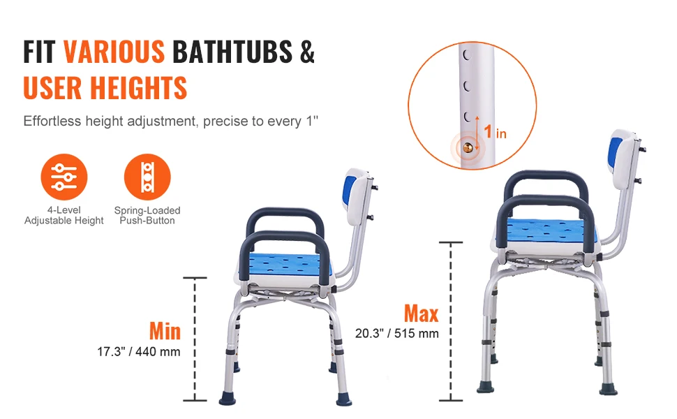 SucceBuy Swivel Shower Chair 360 Degree Adjustable with Armrest and Backrest for Shower or Bathtub Non-Slip for Disabled Elderly