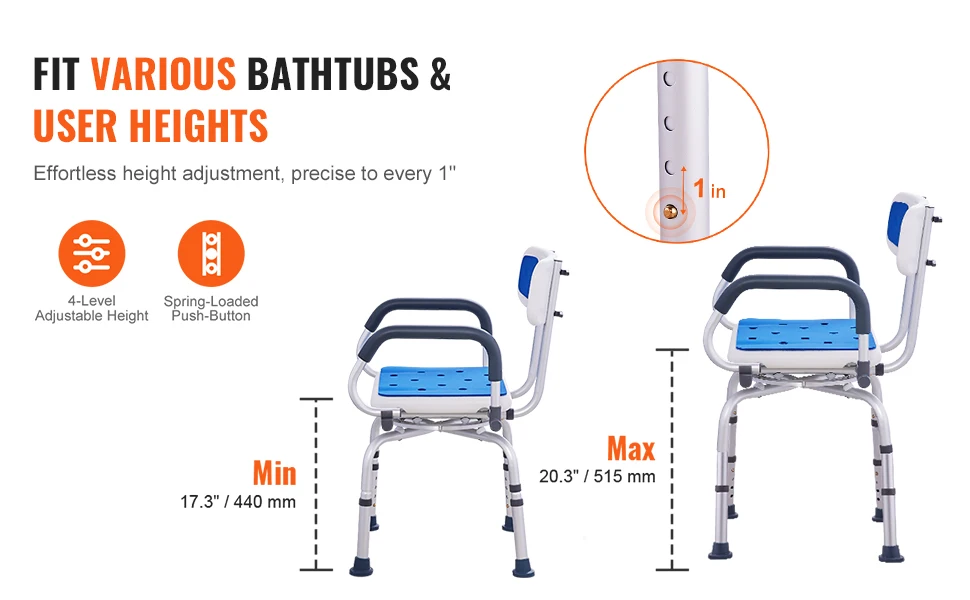 SucceBuy Swivel Shower Chair 360 Degree Adjustable with Armrest and Backrest for Shower or Bathtub Non-Slip for Disabled Elderly