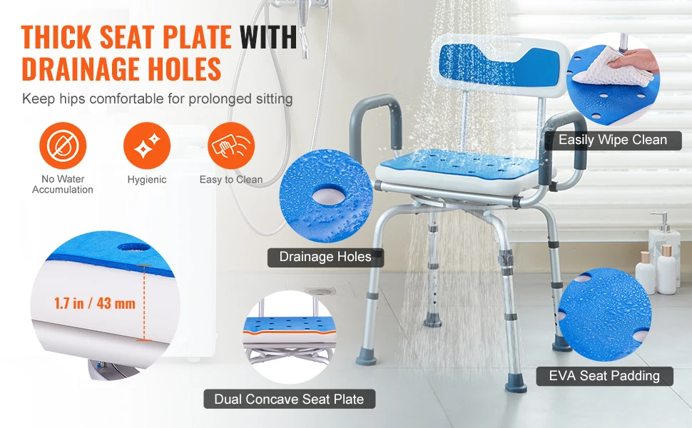 SucceBuy Swivel Shower Chair 360 Degree Adjustable with Armrest and Backrest for Shower or Bathtub Non-Slip for Disabled Elderly