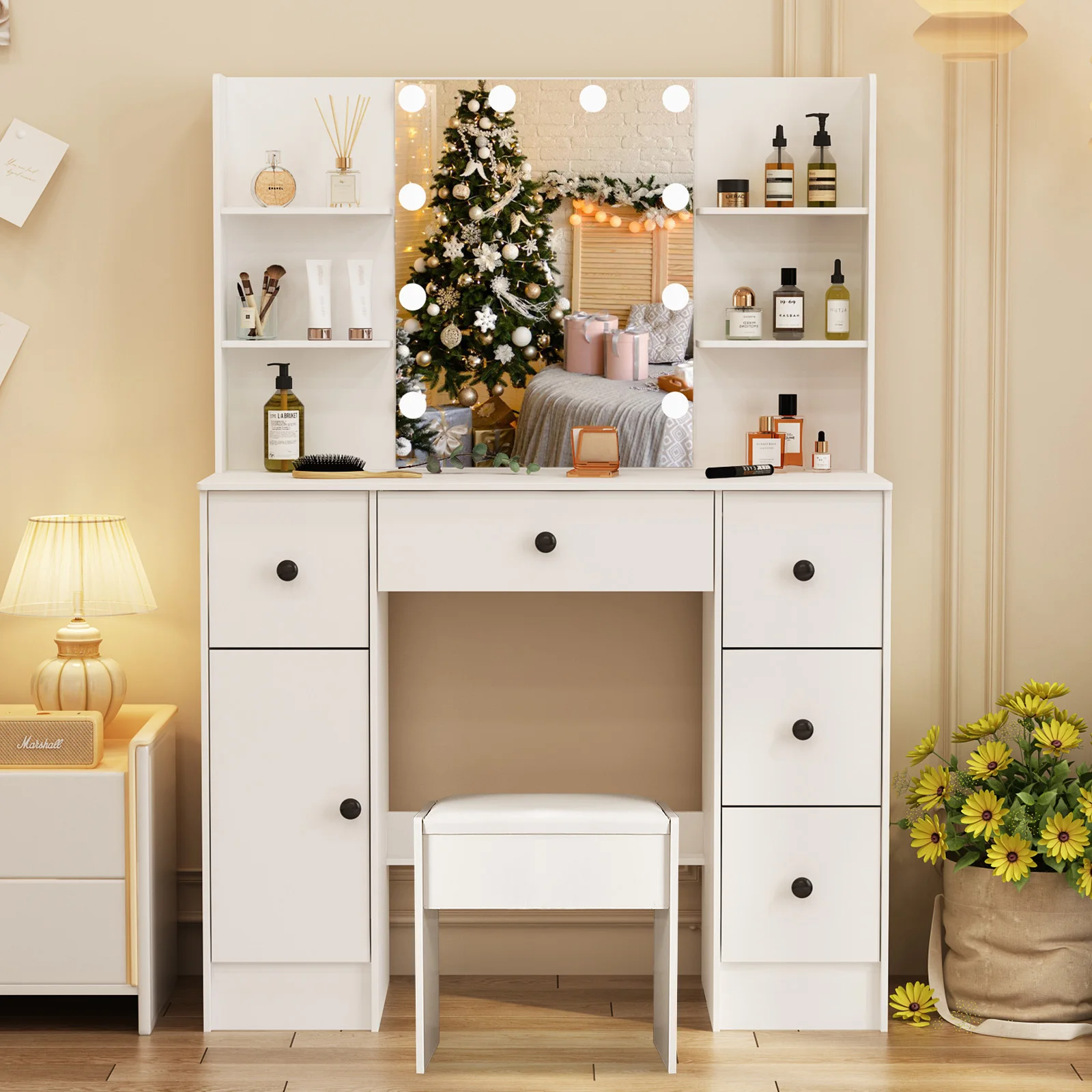 Dresser Desk Bedroom Makeup Dressing Vanity Table Set LED Lights Mirror W/Drawer