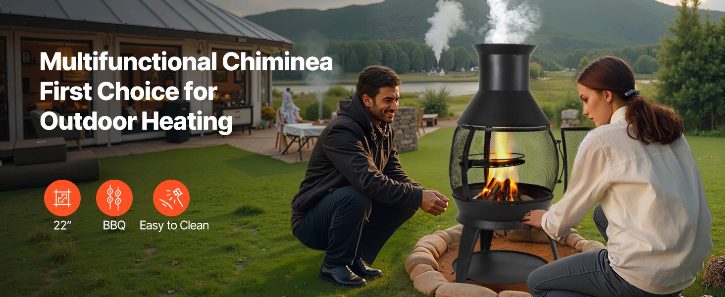 SucceBuy Chiminea 22 Inch Outdoor Wood Burning Firepit with Grill Mesh Chimney Coat & Rustproof Chiminea Lid for Patio Backyard
