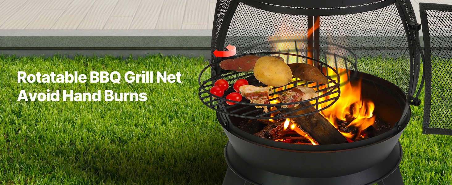 SucceBuy Chiminea 22 Inch Outdoor Wood Burning Firepit with Grill Mesh Chimney Coat & Rustproof Chiminea Lid for Patio Backyard