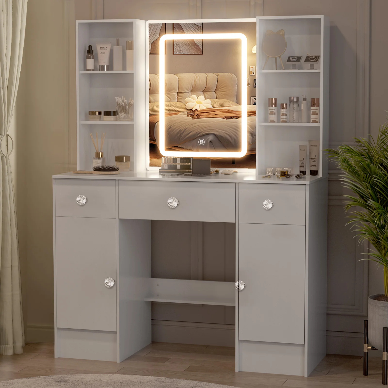 NEW Teousev Modern White Large Makeup Vanity Dressing Table Set with 3 Color Dimmable LED Lighted Mirror 3 Drawers Vanity Stool