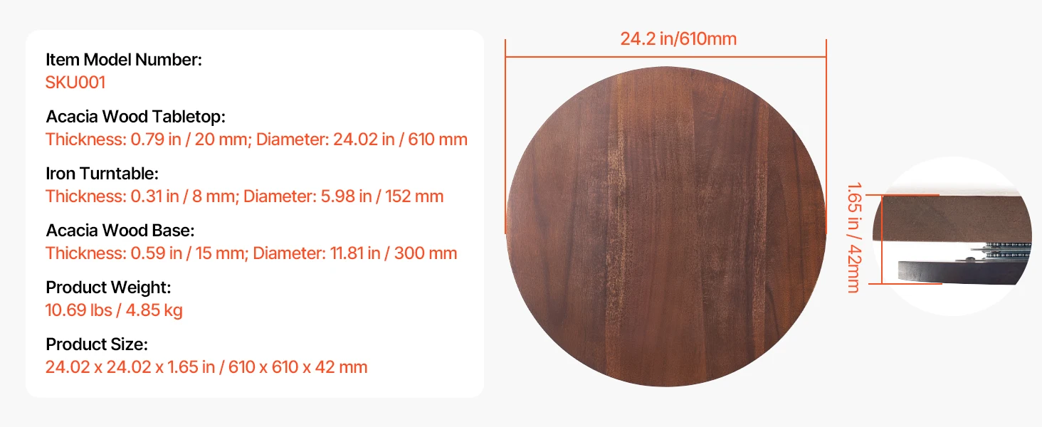 SucceBuy24in Wood Lazy Susan Turntable360°Rotation Round Clear Tabletop Rotating Tray for Family Gatherings Banquets & Weddings