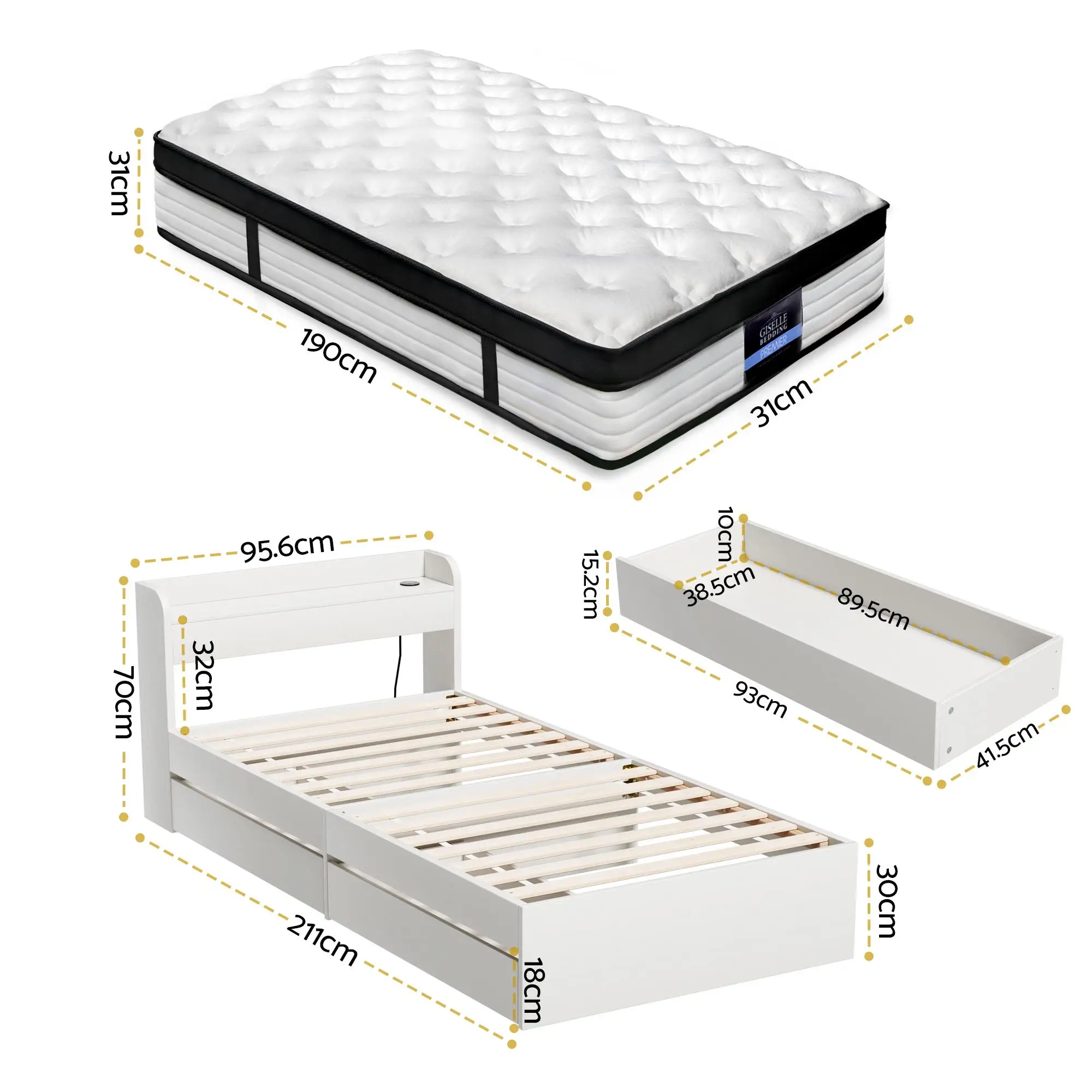 5 Zone Pocket Spring Single Mattress with Wooden Storage Bed Frame Set
