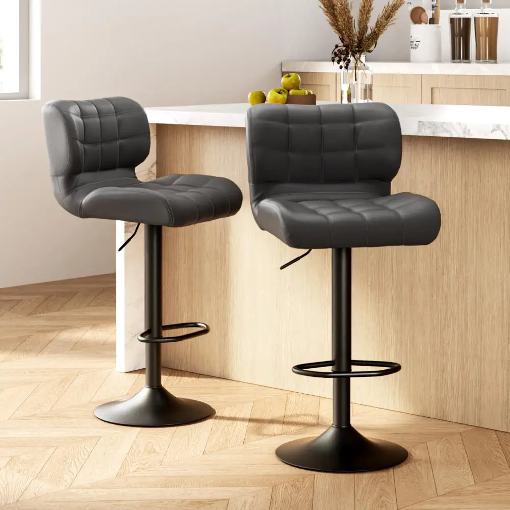 Modern Grey Leather Gas Lift Bar Stool Set of 2 Adjustable Padded Counter Chairs for Kitchen Island Home Dining