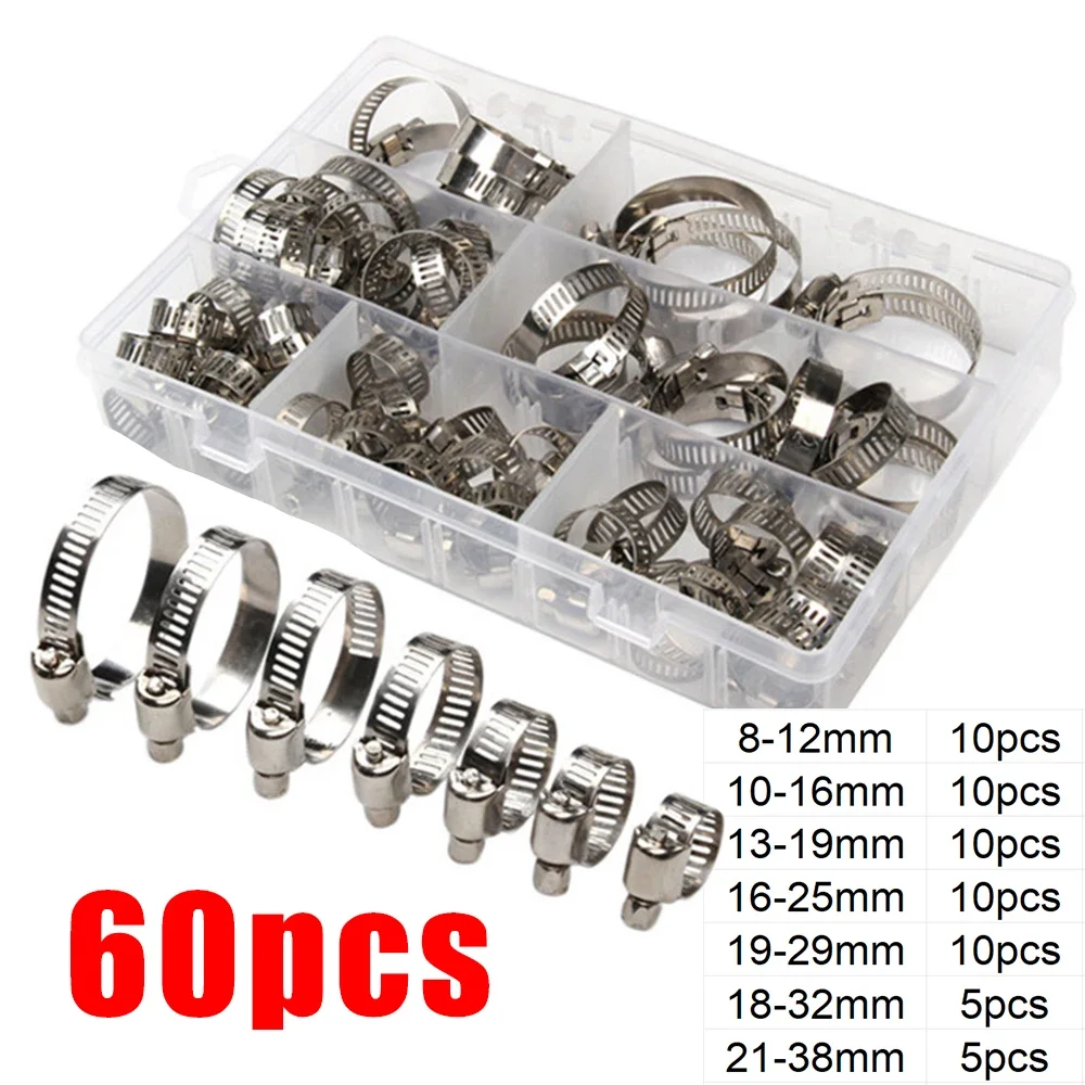 Stainless Steel Adjustable Worm Gear Hose Clamp Assortment Kit Screw Band Fasteners For Pipe Fuel Tube Faucet