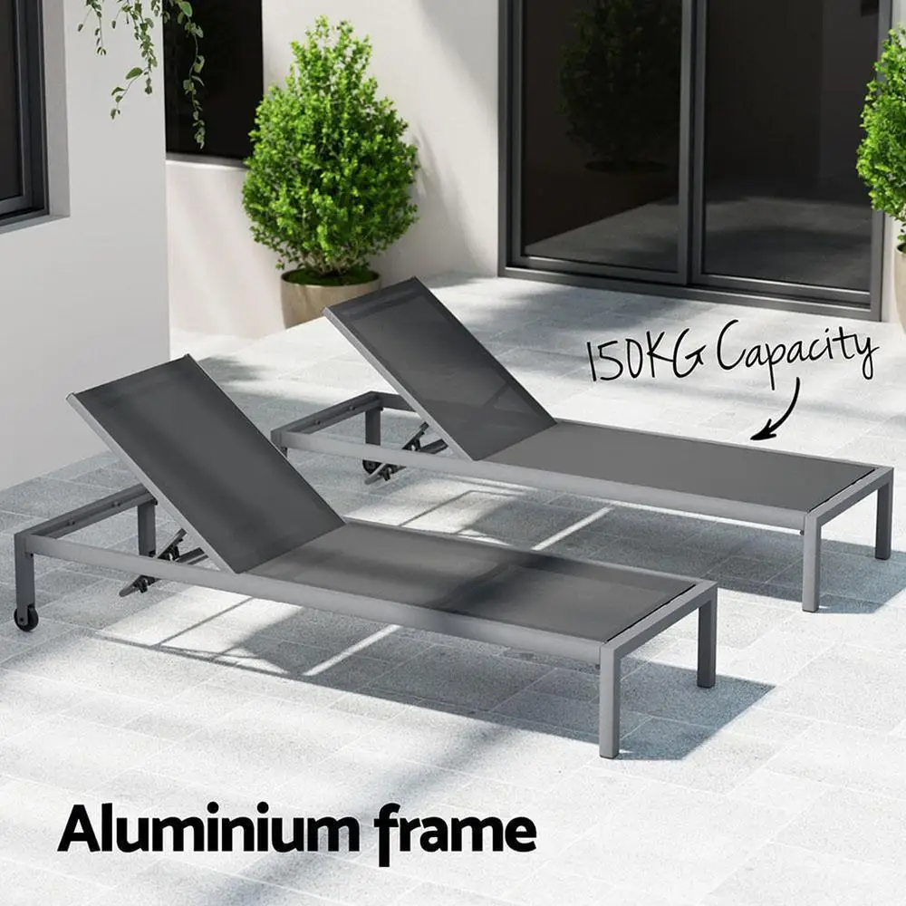 Foldable Aluminium Sun Lounge Outdoor Chaise with Wheels Patio Beach Recliner Chair