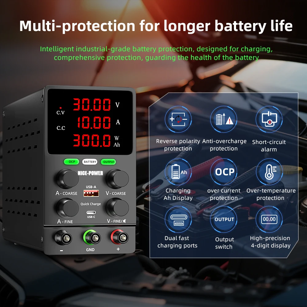 0-30V 0-10A 300W Adjustable DC Bench Power Supply Reverse Polarity Protection Auto Stop Full Charge CV CC Regulated Unit RV Caravan Camping Lithium AGM Lead Acid Battery Charging Auto DIY Battery Test OCP Safe Charger USB-A USB-C Fast Charge AU Plug