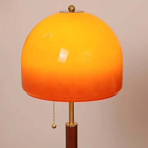 Vintage Glass Table Lamp with Amber Shade, LED Bedside Lamp with Pull Chain Switch, Solid Walnut Wood Base, Plug-in Accent Lamp for Bedroom Living Room Study