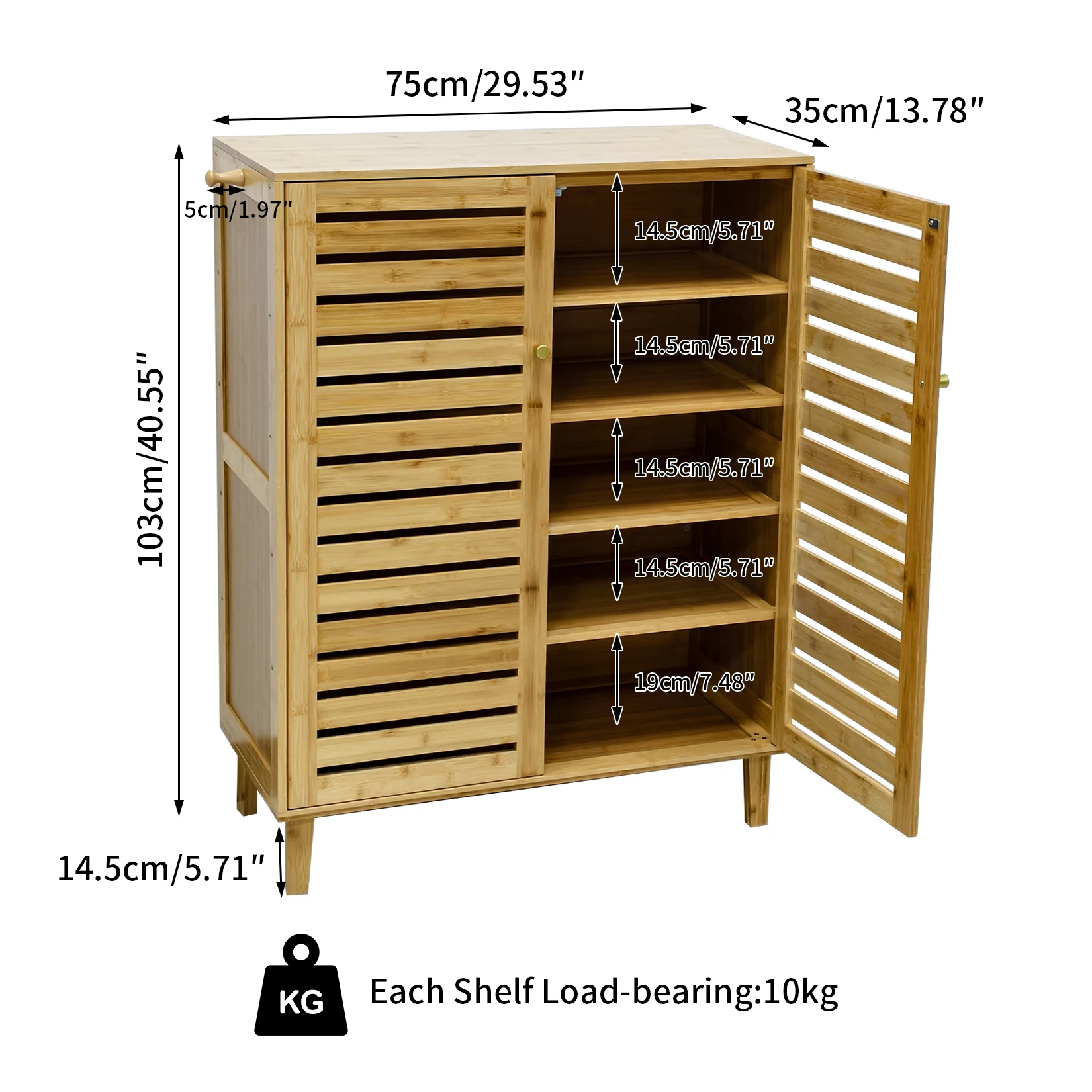 Bamboo Shoe Storage Cabinet with Slatted Doors, 5-Tier Wooden Shoe Organizer Cupboard for Entryway Hallway, Freestanding Large Shoe Rack with Side Hooks & Magnetic Closure