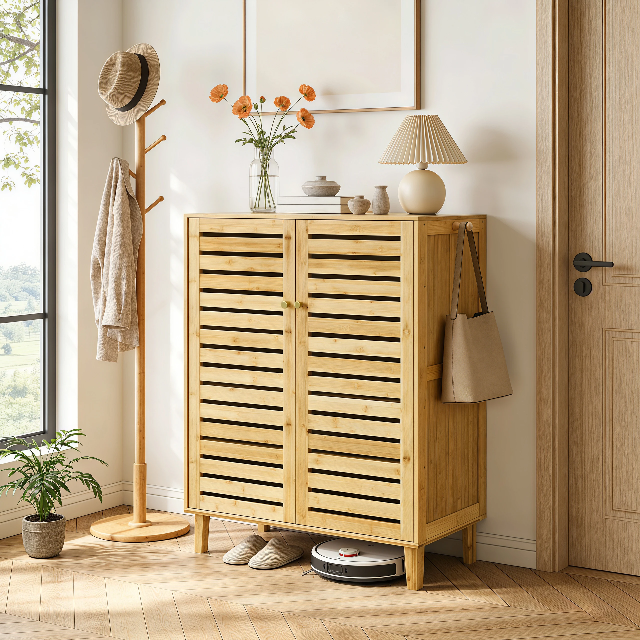 Bamboo Shoe Storage Cabinet with Slatted Doors, 5-Tier Wooden Shoe Organizer Cupboard for Entryway Hallway, Freestanding Large Shoe Rack with Side Hooks & Magnetic Closure