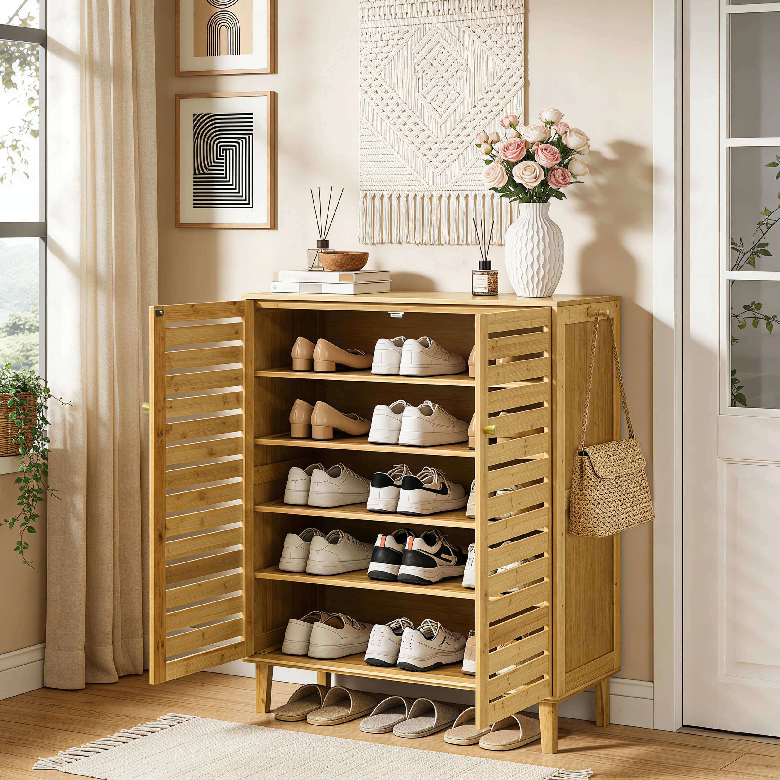 Bamboo Shoe Storage Cabinet with Slatted Doors, 5-Tier Wooden Shoe Organizer Cupboard for Entryway Hallway, Freestanding Large Shoe Rack with Side Hooks & Magnetic Closure